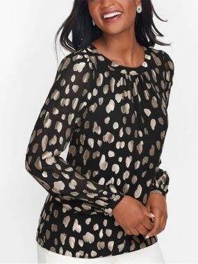 Talbots Clip Dot Tie Back Top Black Sheer Blouse Metallic Gold Spot Print 2X